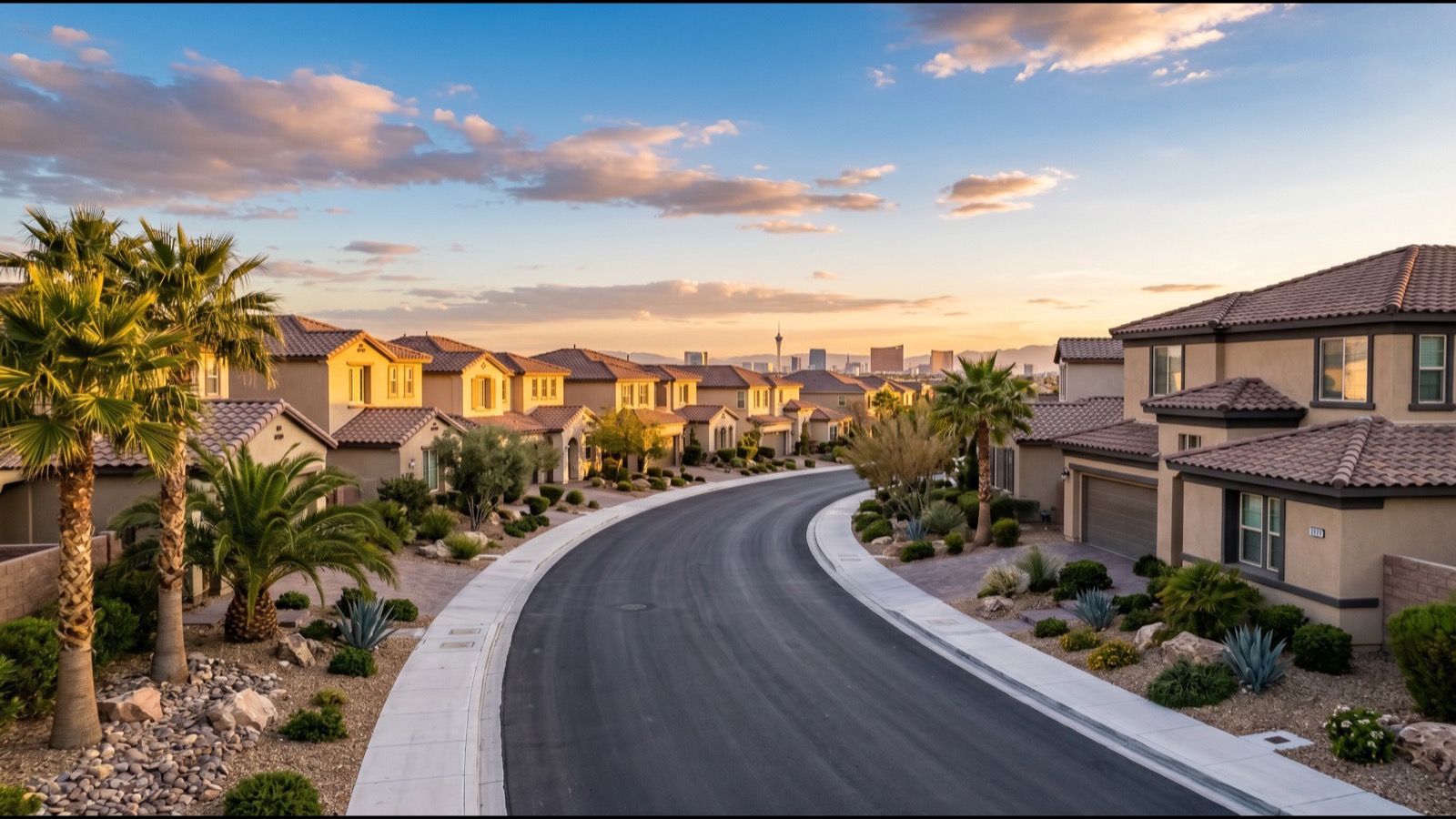 Family-friendly streetscape of newer single-family homes in North Las Vegas Nevada